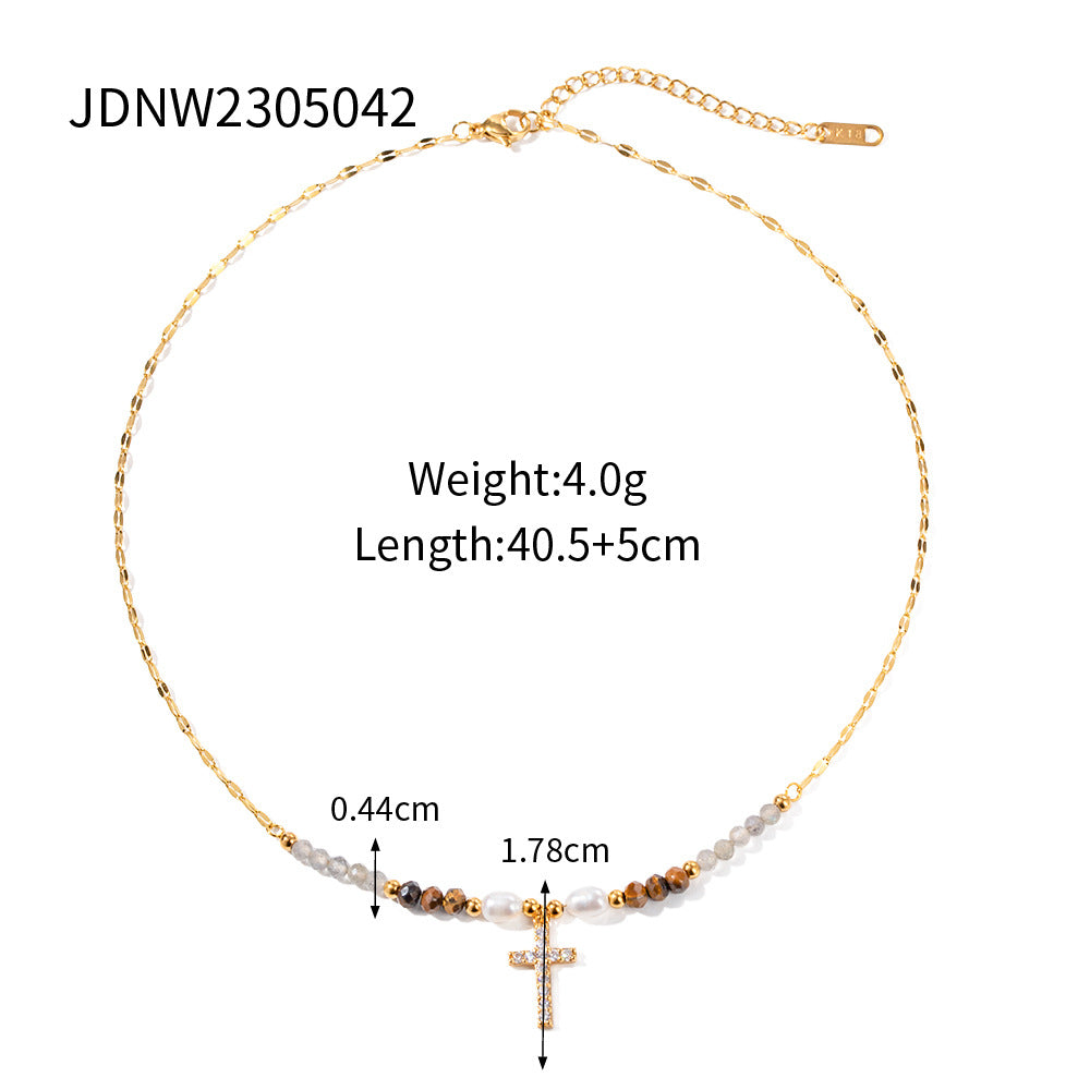 European and American Stainless Steel Cross Pendant Necklace Zircon Natural Stone Clavicle Chain Titanium Steel Neck Chain Jewelry Cross Border