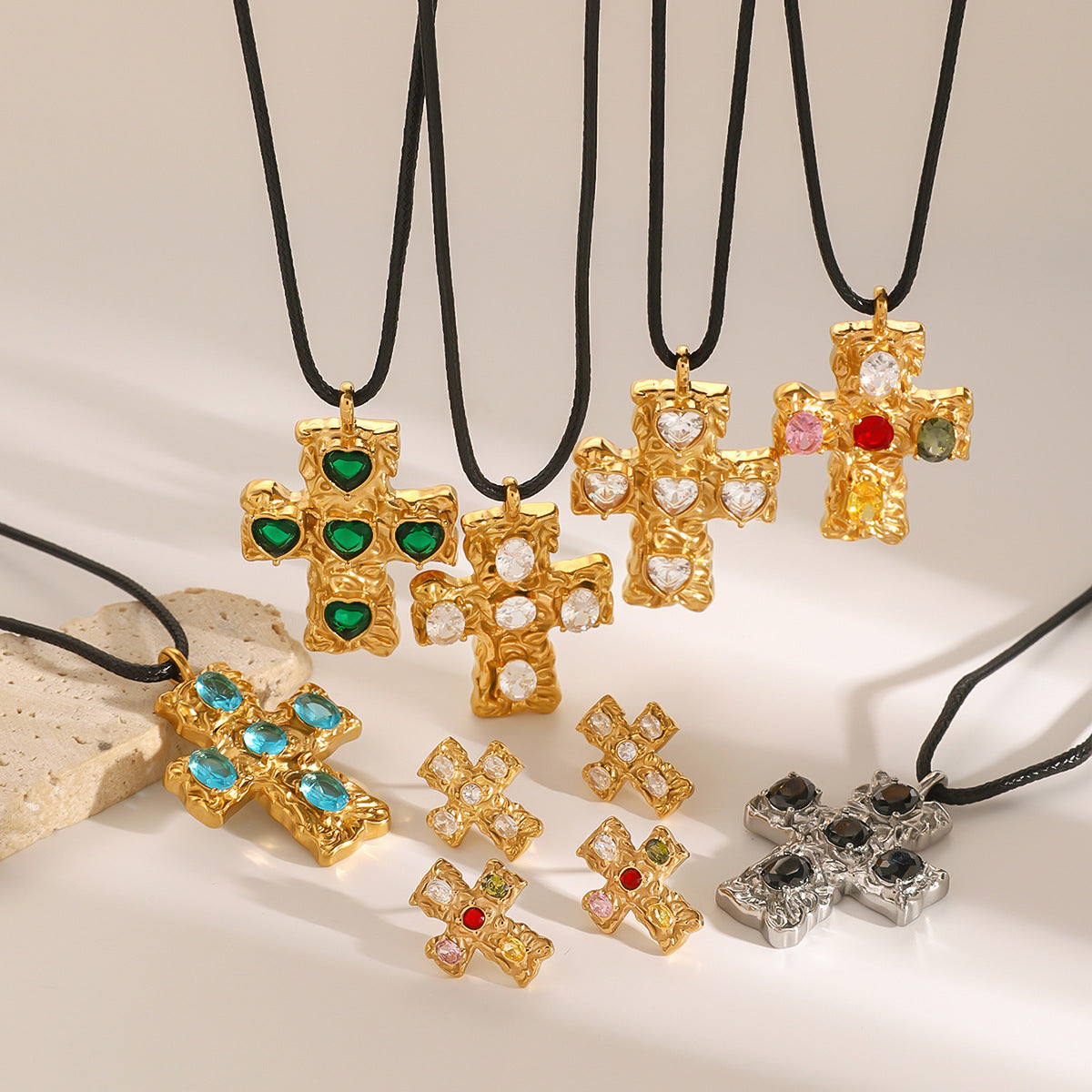 European and American Stainless Steel Cross Pendant Necklace Zircon Natural Stone Clavicle Chain Titanium Steel Neck Chain Jewelry Cross Border