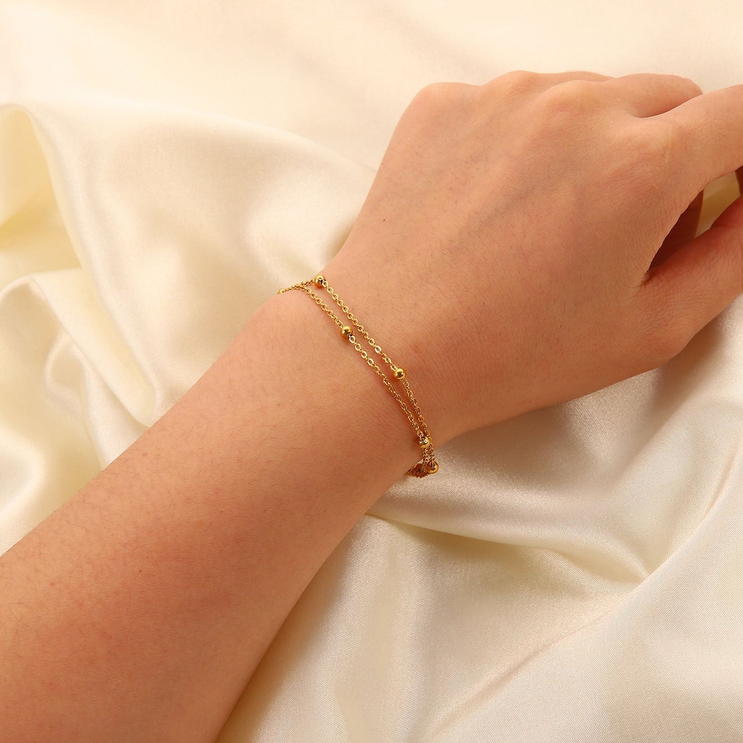 INS Style Exquisite 18K Gold Bead Chain Bracelet PVD Electroplated Titanium Steel Jewelry Waterproof Double Chain Bracelet Jewelry for Women