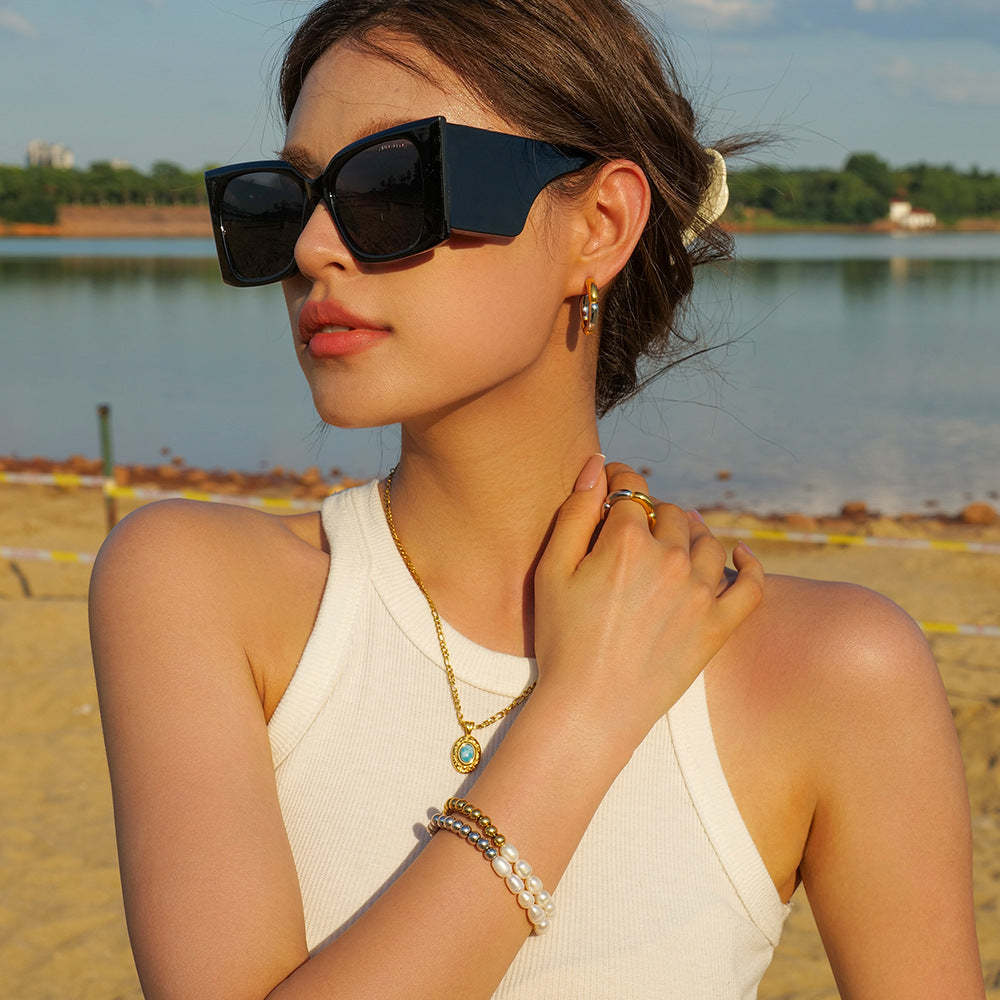 Ins Style Stainless Steel Freshwater Pearl Round Beaded Bracelet Women's Gift PVD Plated 16K Gold Chain Bracelet