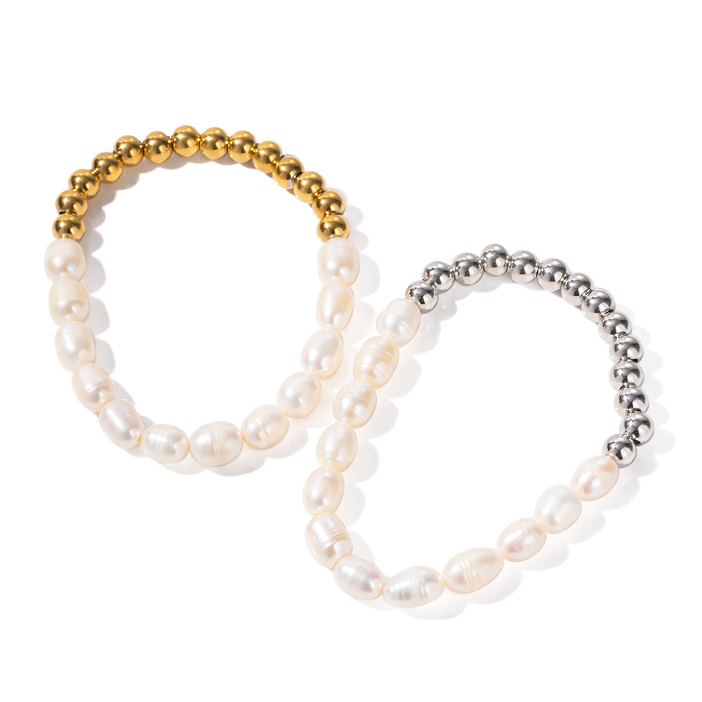 Ins Style Stainless Steel Freshwater Pearl Round Beaded Bracelet Women's Gift PVD Plated 16K Gold Chain Bracelet