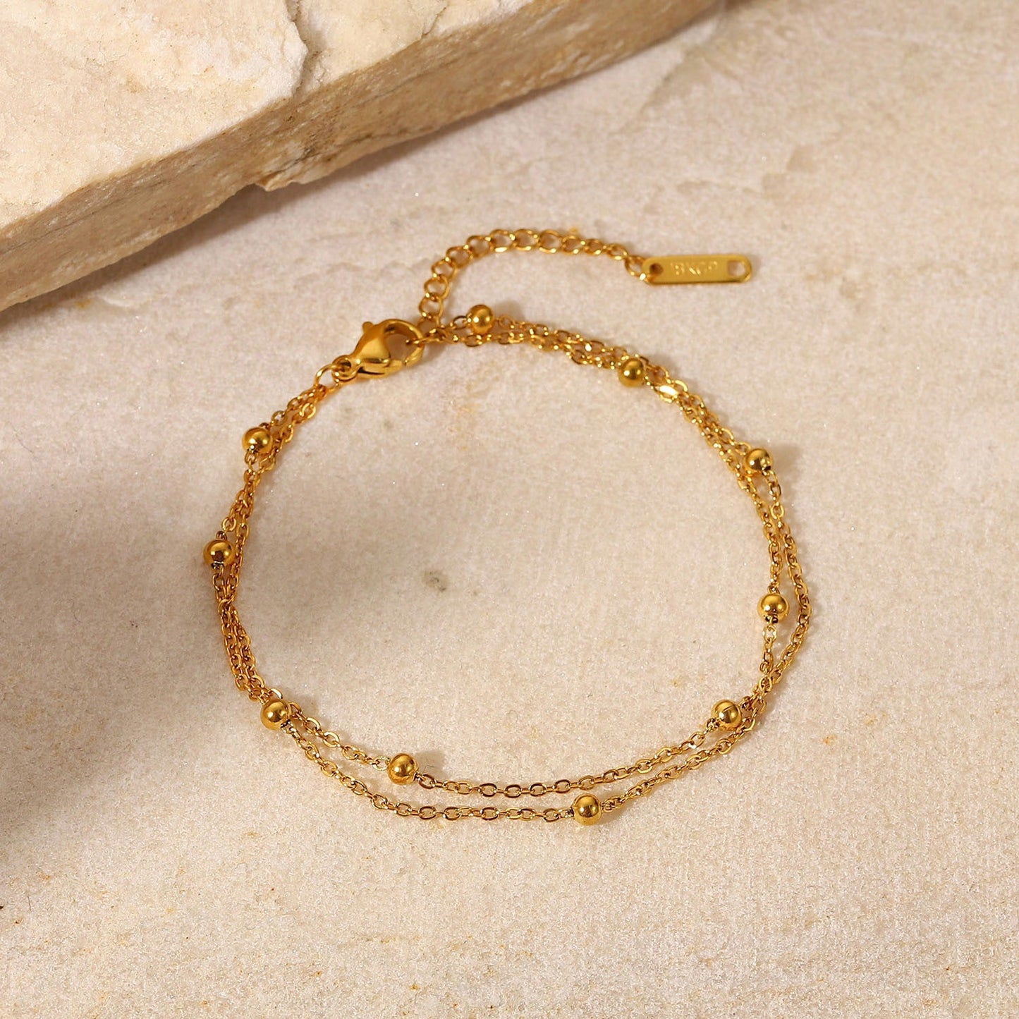 INS Style Exquisite 18K Gold Bead Chain Bracelet PVD Electroplated Titanium Steel Jewelry Waterproof Double Chain Bracelet Jewelry for Women