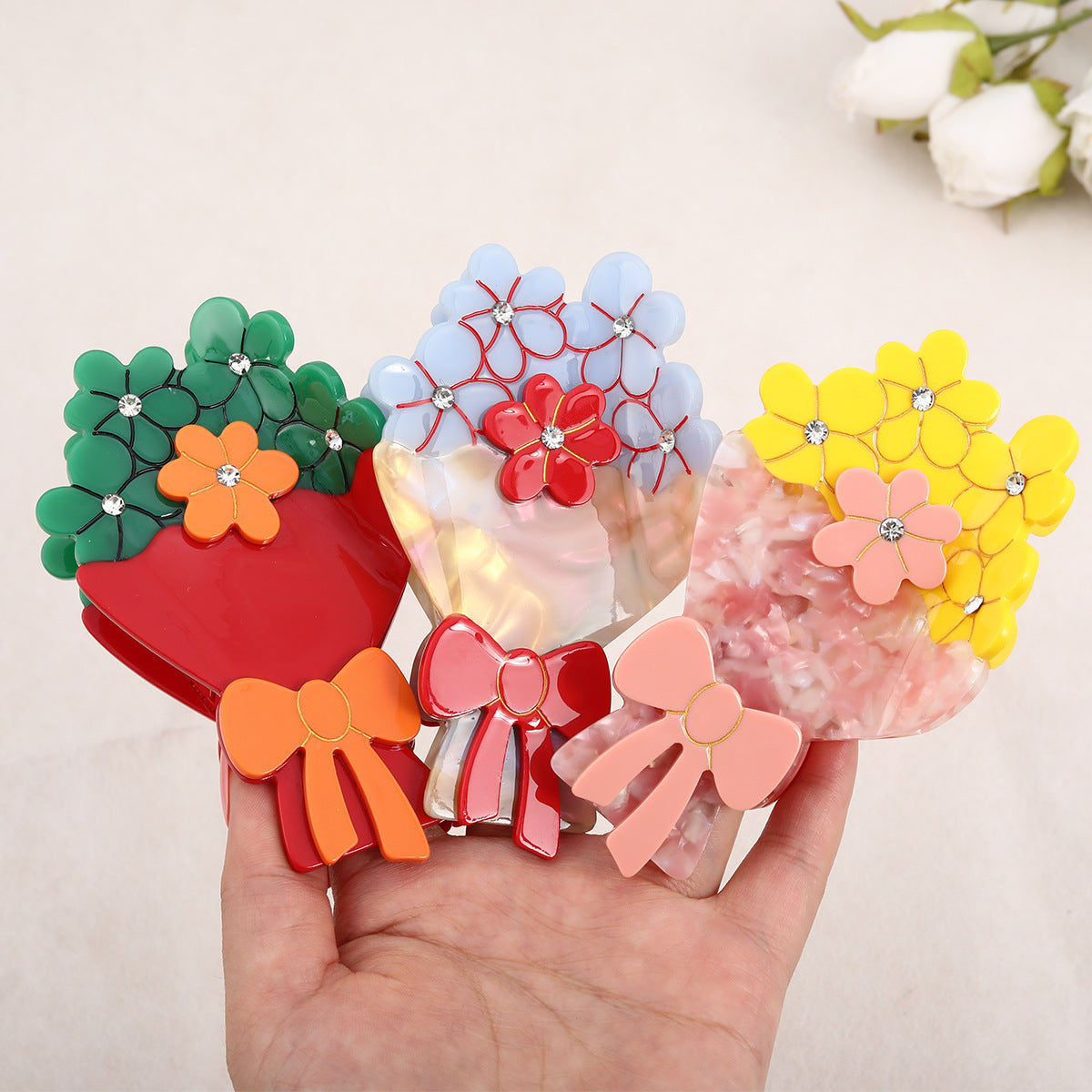 French bow point drill bouquet grab clip cute flower shape all-match elegant ladies hair claw