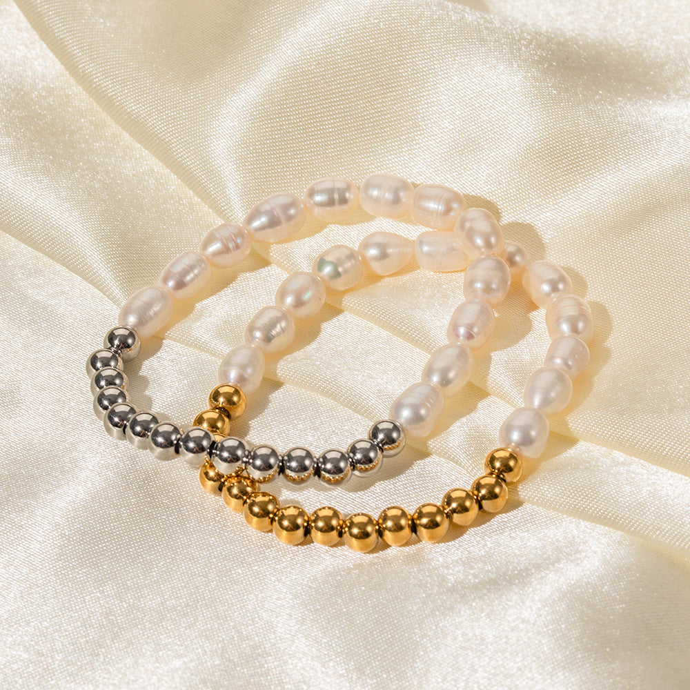 Ins Style Stainless Steel Freshwater Pearl Round Beaded Bracelet Women's Gift PVD Plated 16K Gold Chain Bracelet
