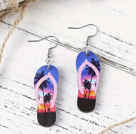 Ocean style pendant earrings, acrylic slippers, design for seaside parties with everyday wear