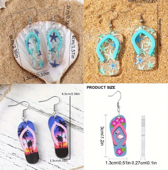 Ocean style pendant earrings, acrylic slippers, design for seaside parties with everyday wear