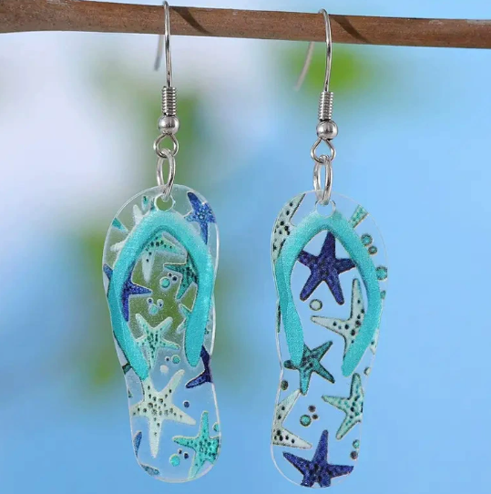 Ocean style pendant earrings, acrylic slippers, design for seaside parties with everyday wear