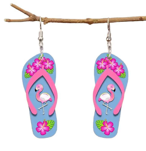 Ocean style pendant earrings, acrylic slippers, design for seaside parties with everyday wear