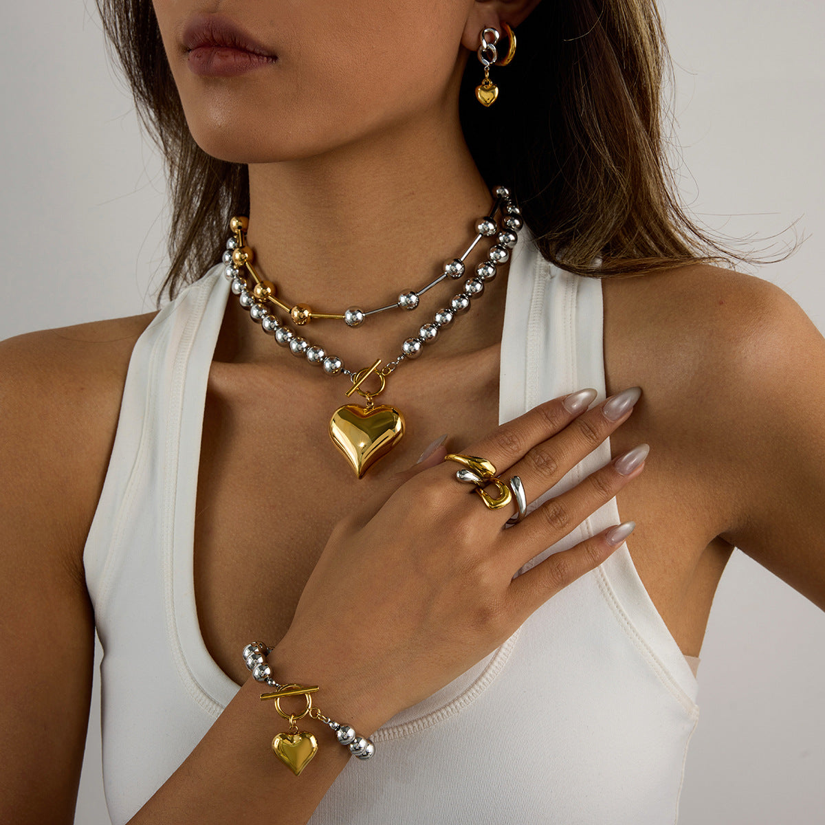 European and American color matching cross-border jewelry stainless steel love necklace light luxury niche ring titanium steel non-fading earrings