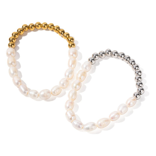 Ins Style Stainless Steel Freshwater Pearl Round Beaded Bracelet Women's Gift PVD Plated 16K Gold Chain Bracelet