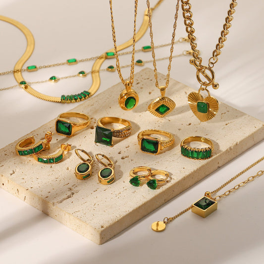 European and American fashion retro style green zircon series necklace earrings bracelet ring temperament ladies stainless steel jewelry