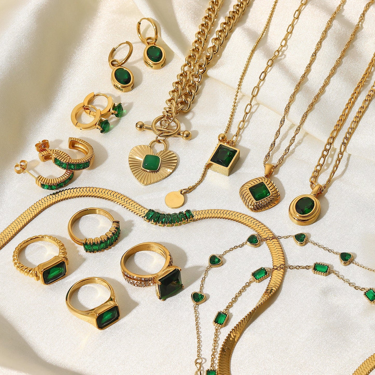 European and American fashion retro style green zircon series necklace earrings bracelet ring temperament ladies stainless steel jewelry