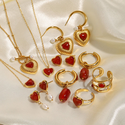 European and American 18k Gold Stainless Steel Red Agate Love Necklace Advanced Pendant Earrings Niche Ins Wind Ring