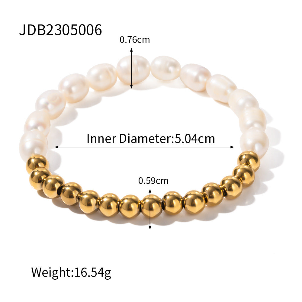 Ins Style Stainless Steel Freshwater Pearl Round Beaded Bracelet Women's Gift PVD Plated 16K Gold Chain Bracelet