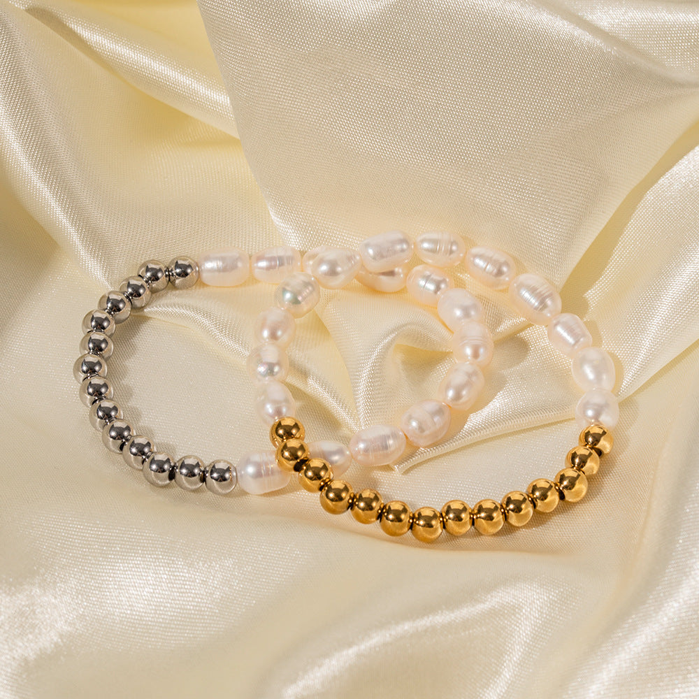 Ins Style Stainless Steel Freshwater Pearl Round Beaded Bracelet Women's Gift PVD Plated 16K Gold Chain Bracelet