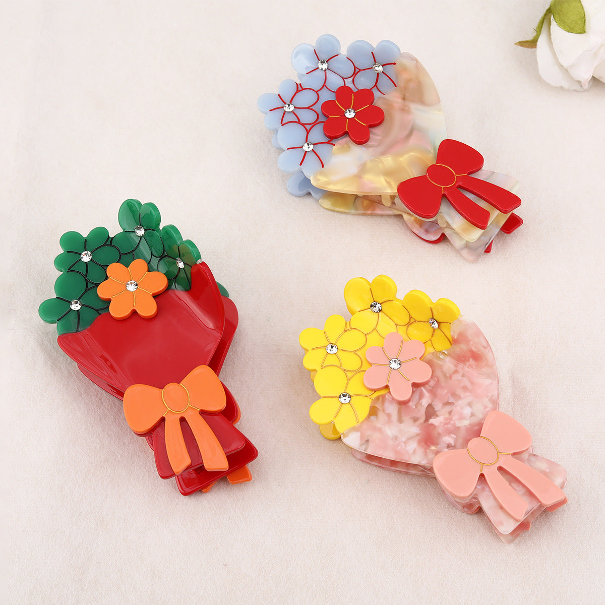 French bow point drill bouquet grab clip cute flower shape all-match elegant ladies hair claw