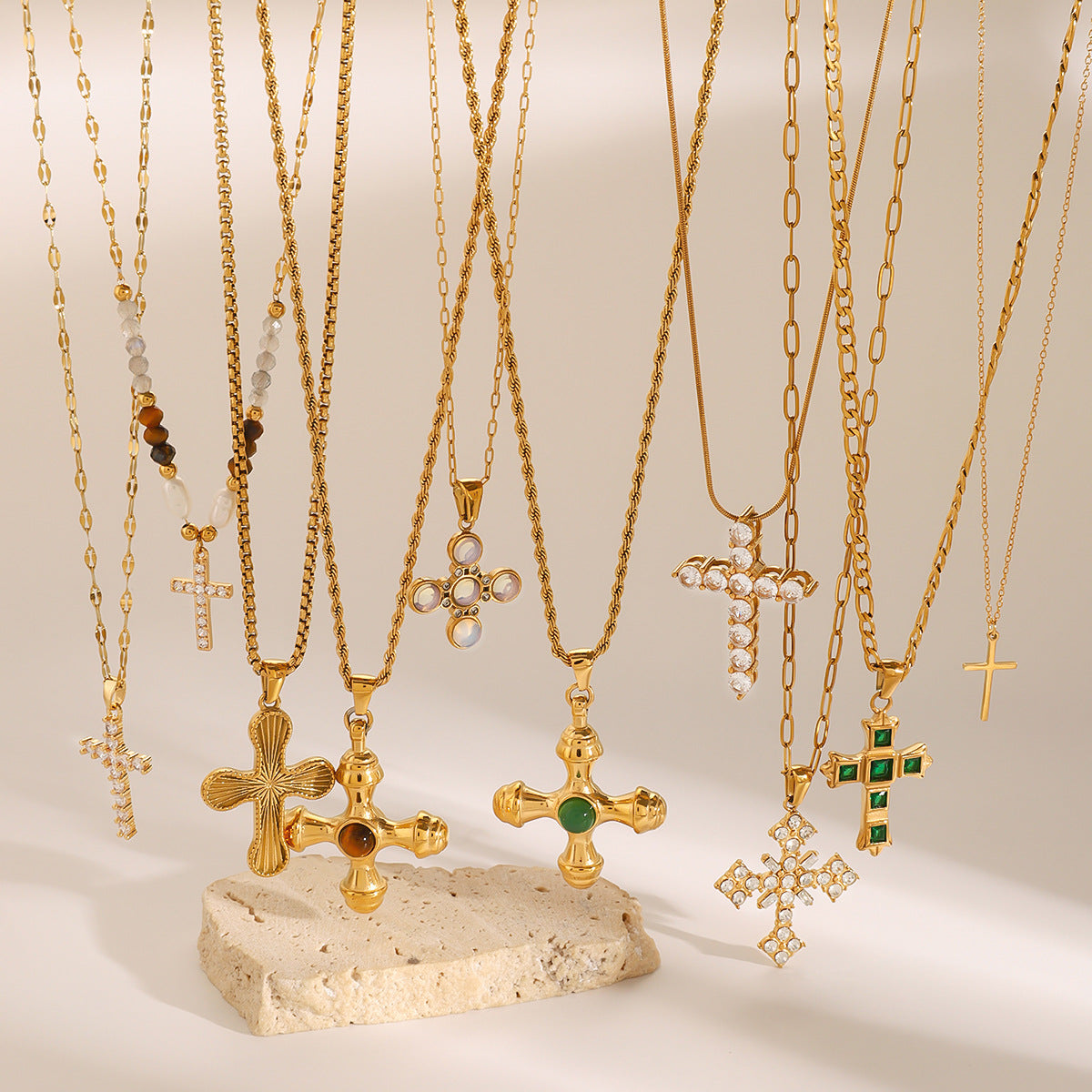 European and American Stainless Steel Cross Pendant Necklace Zircon Natural Stone Clavicle Chain Titanium Steel Neck Chain Jewelry Cross Border