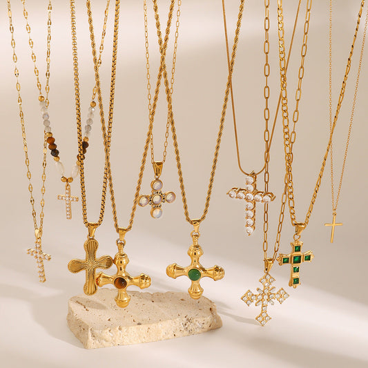 European and American Stainless Steel Cross Pendant Necklace Zircon Natural Stone Clavicle Chain Titanium Steel Neck Chain Jewelry Cross Border