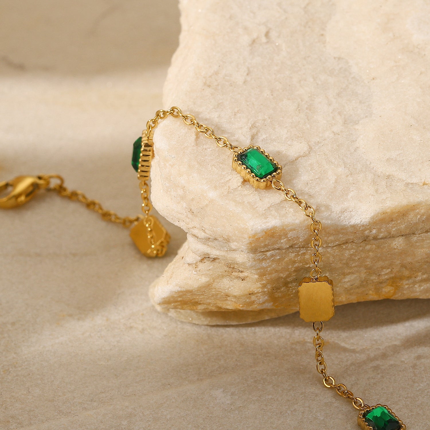 European and American fashion retro style green zircon series necklace earrings bracelet ring temperament ladies stainless steel jewelry