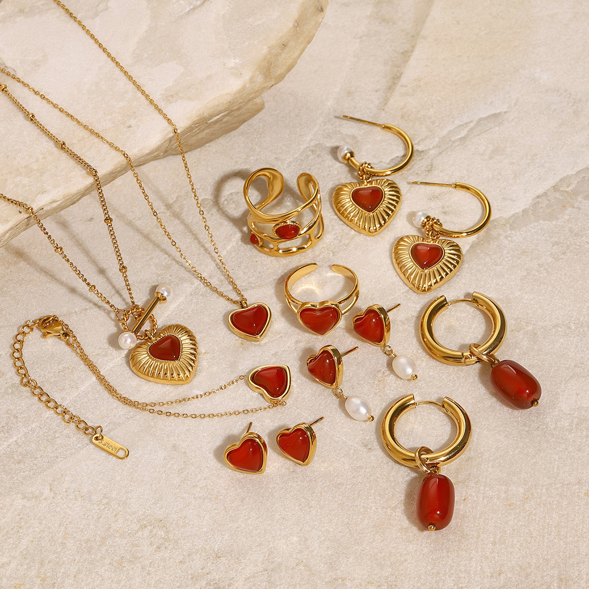 European and American 18k Gold Stainless Steel Red Agate Love Necklace Advanced Pendant Earrings Niche Ins Wind Ring