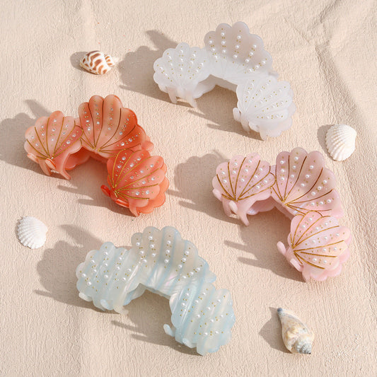 Cross-Border Shell Design Pearl Grabber Acetic Acid Hairpin Half-Tied Ball Head Fairy Hair Cute Headdress Grabber for Women