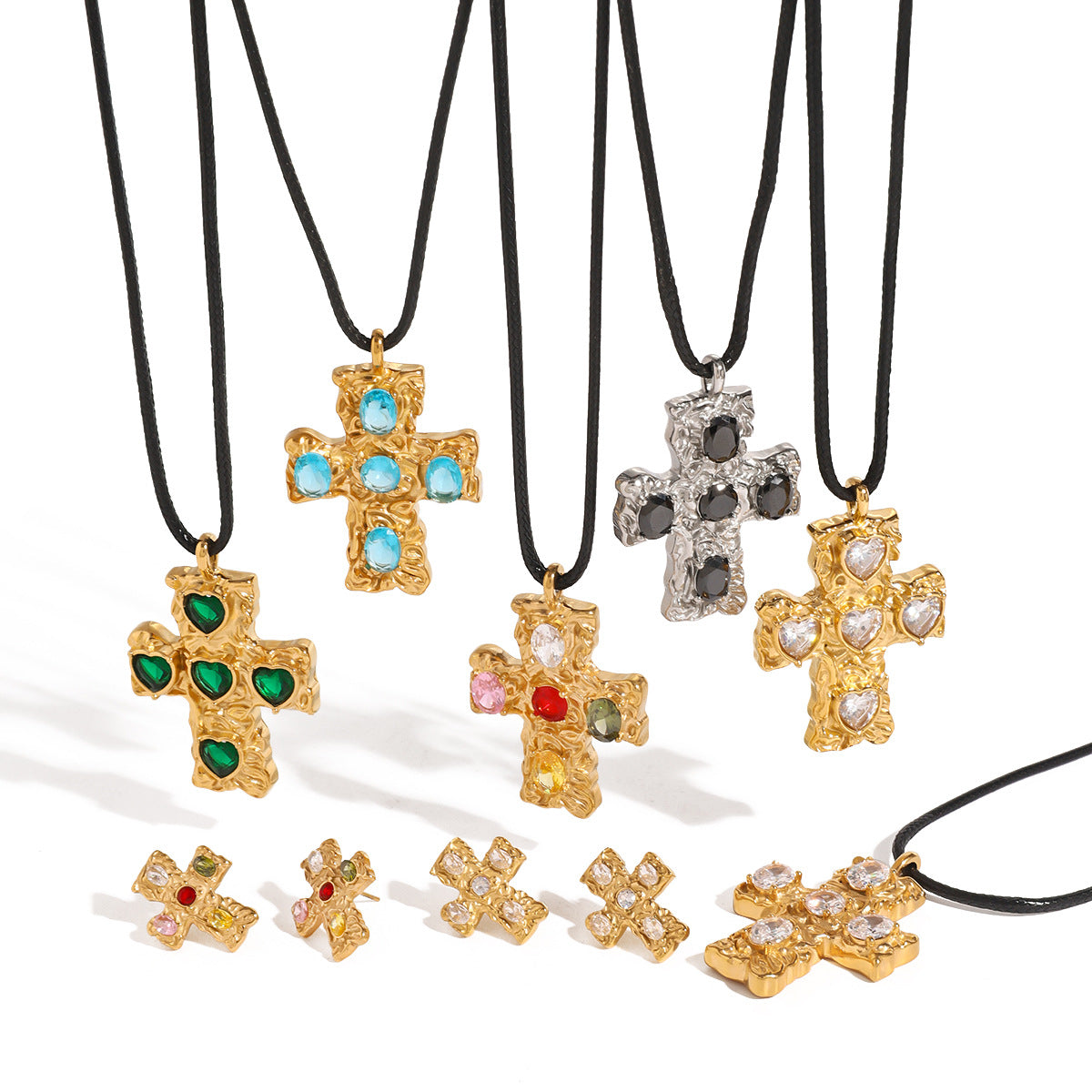 European and American Stainless Steel Cross Pendant Necklace Zircon Natural Stone Clavicle Chain Titanium Steel Neck Chain Jewelry Cross Border
