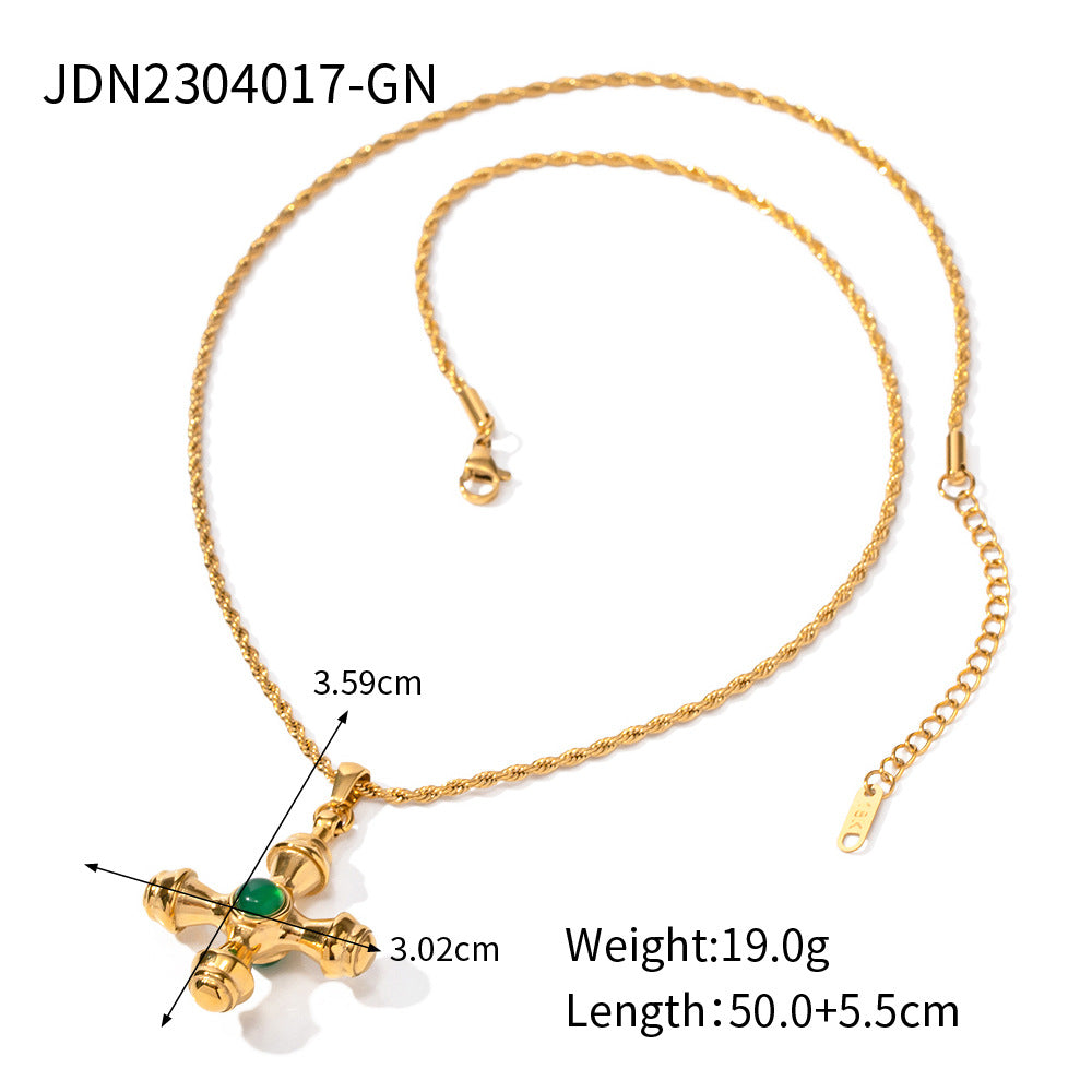 European and American Stainless Steel Cross Pendant Necklace Zircon Natural Stone Clavicle Chain Titanium Steel Neck Chain Jewelry Cross Border
