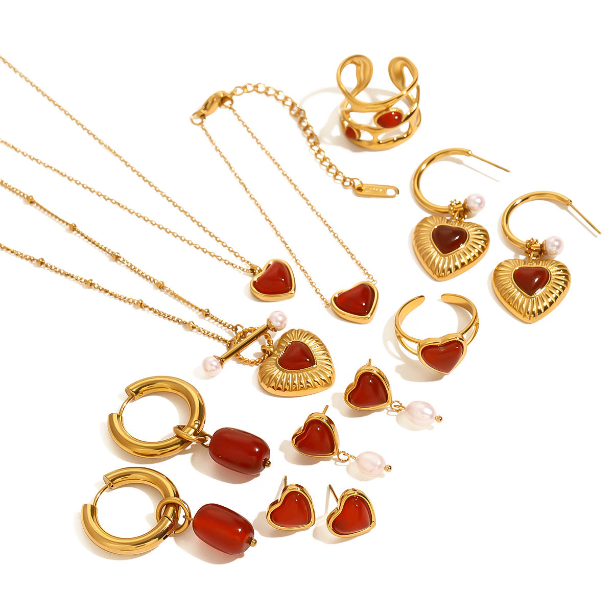 European and American 18k Gold Stainless Steel Red Agate Love Necklace Advanced Pendant Earrings Niche Ins Wind Ring