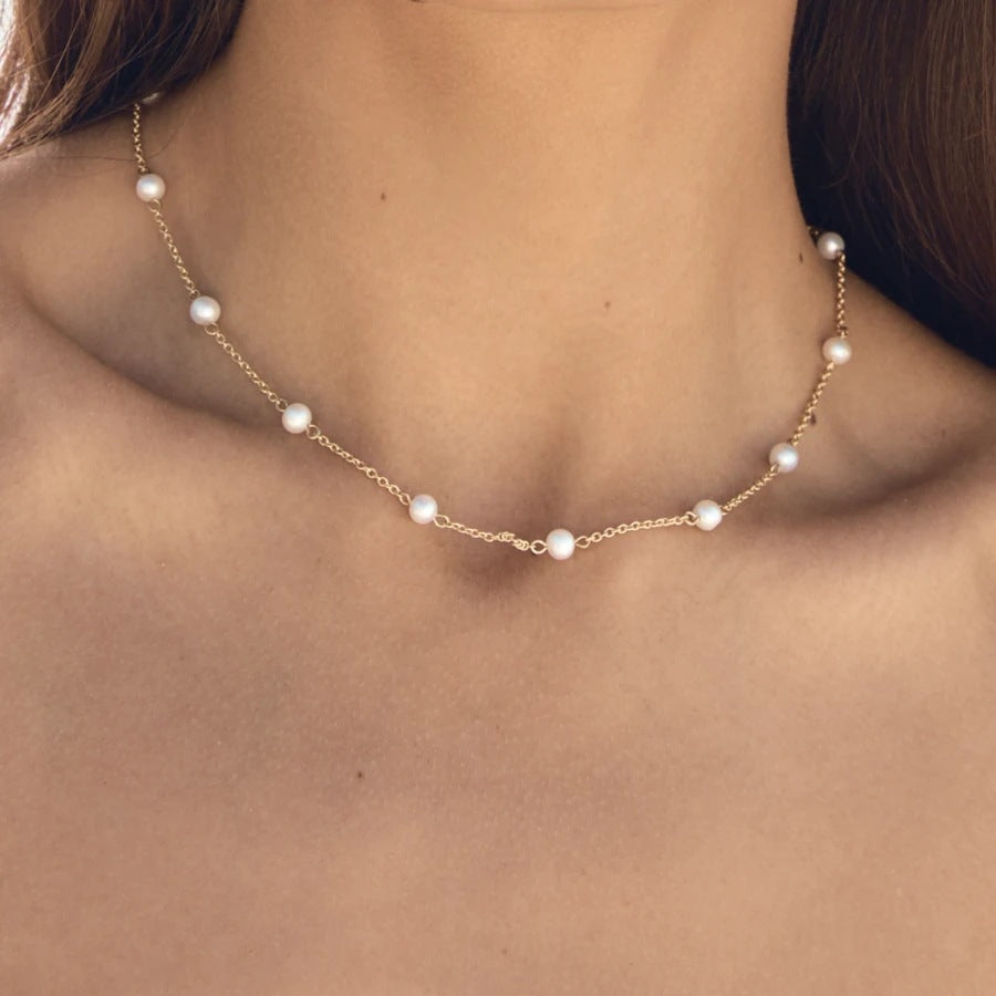Europe and the United States INS net red new pearl necklace 18K gold plated stainless steel chain natural freshwater pearl neck chain women