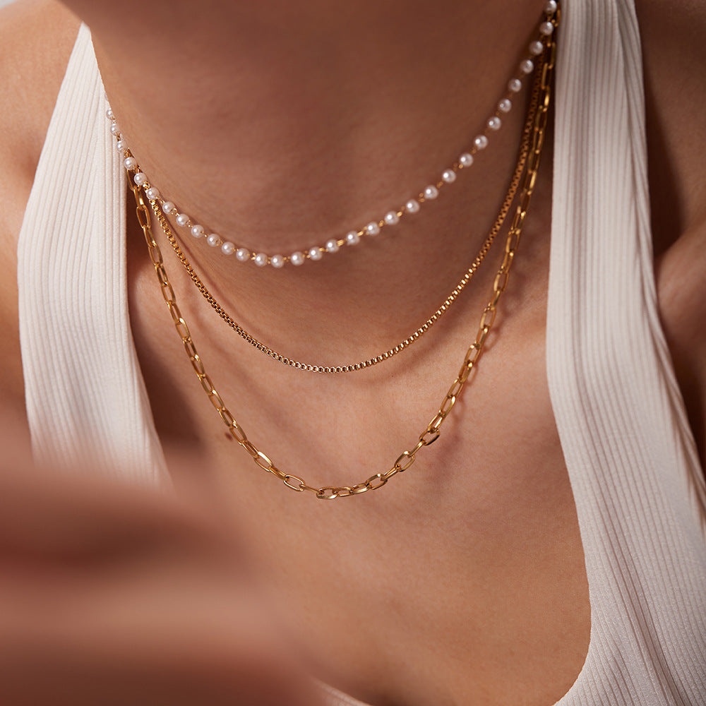 European and American three-layer stacking titanium steel necklace accessories women's light luxury high-end clavicle chain stainless steel jewelry cross-border