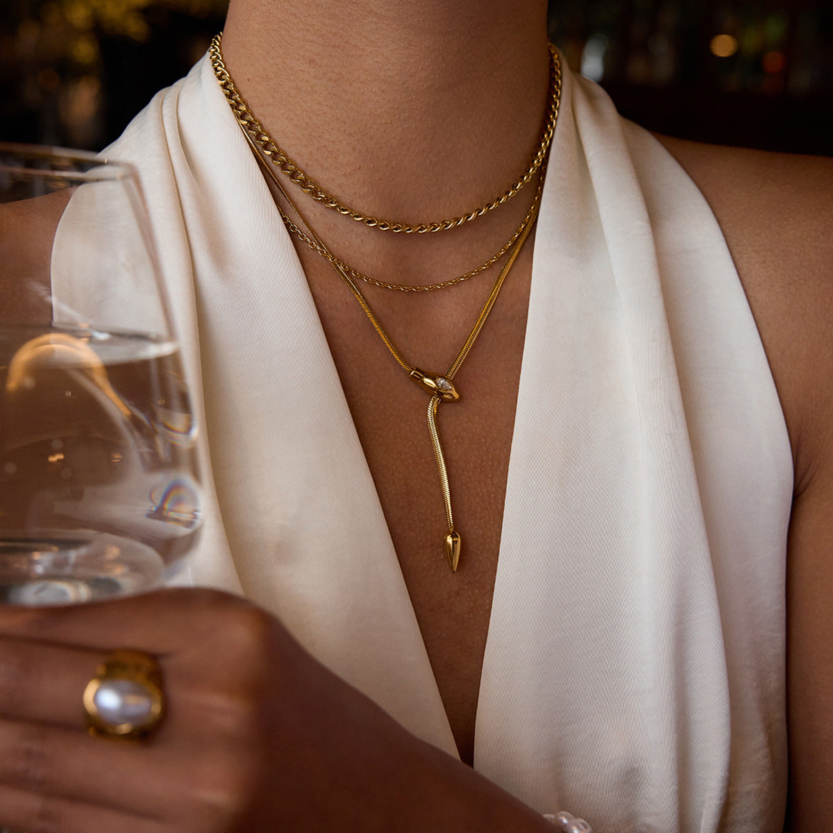 European and American Zircon Titanium Steel Snake Necklace Light Luxury High-End Neck Chain Stainless Steel Clavicle Chain Cross-Border Popular Jewelry