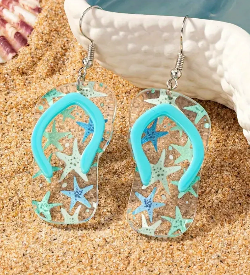 Ocean style pendant earrings, acrylic slippers, design for seaside parties with everyday wear