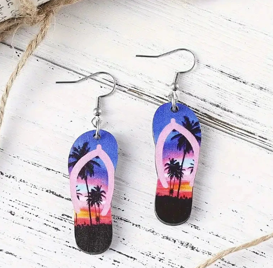 Ocean style pendant earrings, acrylic slippers, design for seaside parties with everyday wear